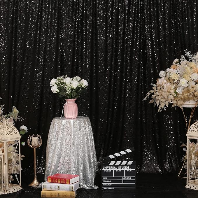 Poise3EHome 8FT x 8FT Black Sequin Backdrop Curtain Photography for Party Decoration, Black