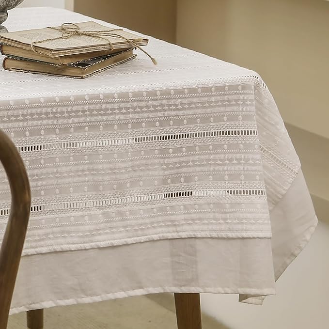 patdrea Designer Vintage Cotton White Lace Tablecloth for Rectangle Tables,French Country Cottage Embroidered Table Cloth Art Decor for Kitchen Wedding Patries Banquet Christmas,59"*91"