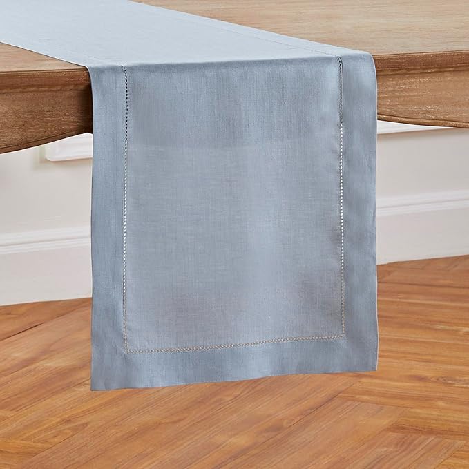 Solino Home Linen Dusty Blue Table Runner 108 Inches Long - 100% Pure Linen Hemstitch 14 x 108 Inch Table Runner for Dining, Fall, Autumn, Thanksgiving - Classic Hemstitch