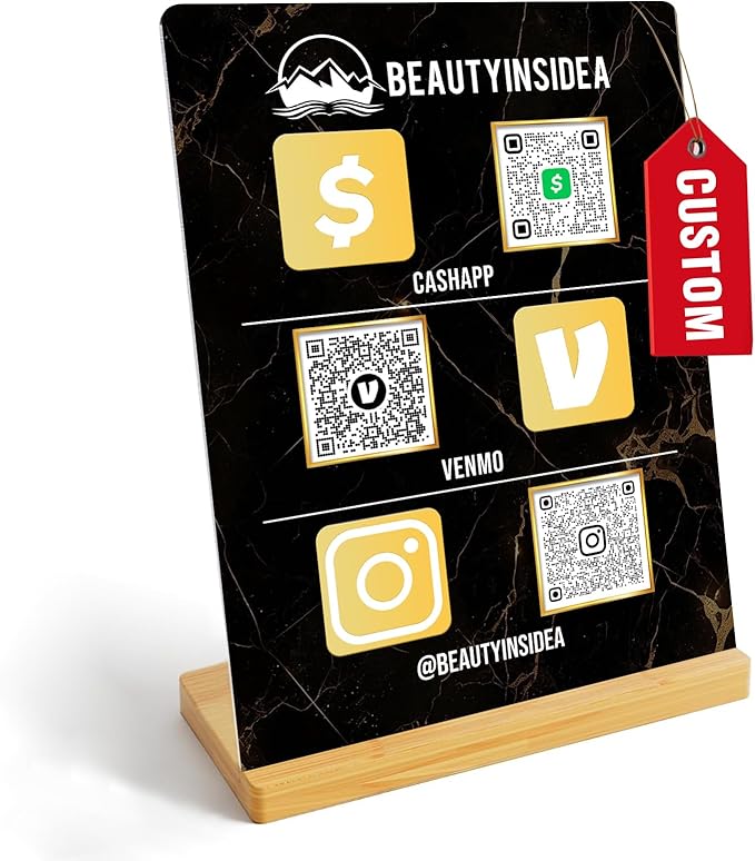 Personalized Custom Metal QR Code Sign Venmo Cashapp Scan to Pay with Stand Instagram Facebook Social Media QR Signs Bar Code QR Plaque Print for Business Salon Beauty Store Restaurant Wifi Sign (S3)