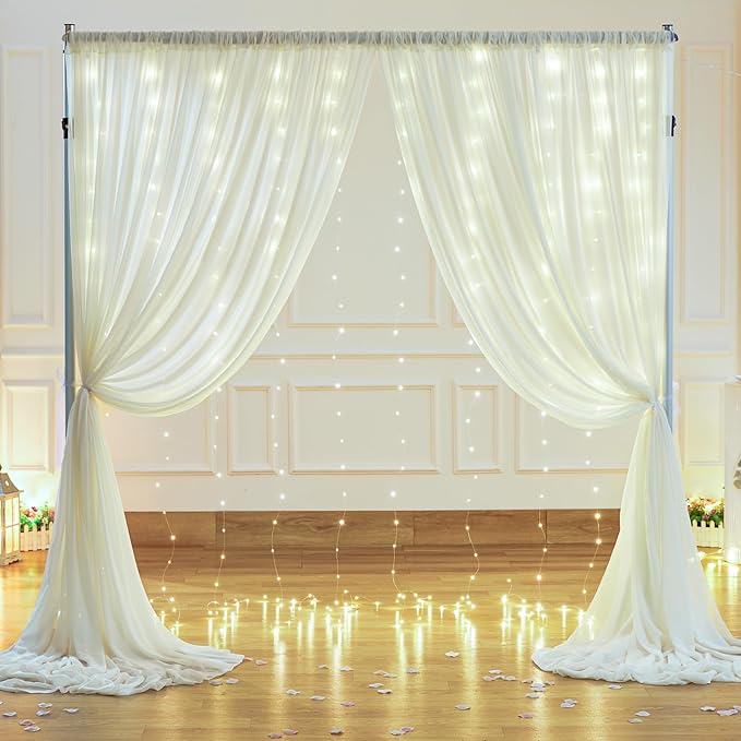 10ft x 10ft Ivory Backdrop Curtain with Lights for Baby Shower, Sheer Backdrop Curtains with Lights for Wedding, Chiffon Light Curtain Backdrops for Birthday Parties Photo Shoot (5x10ft,2 Panels)
