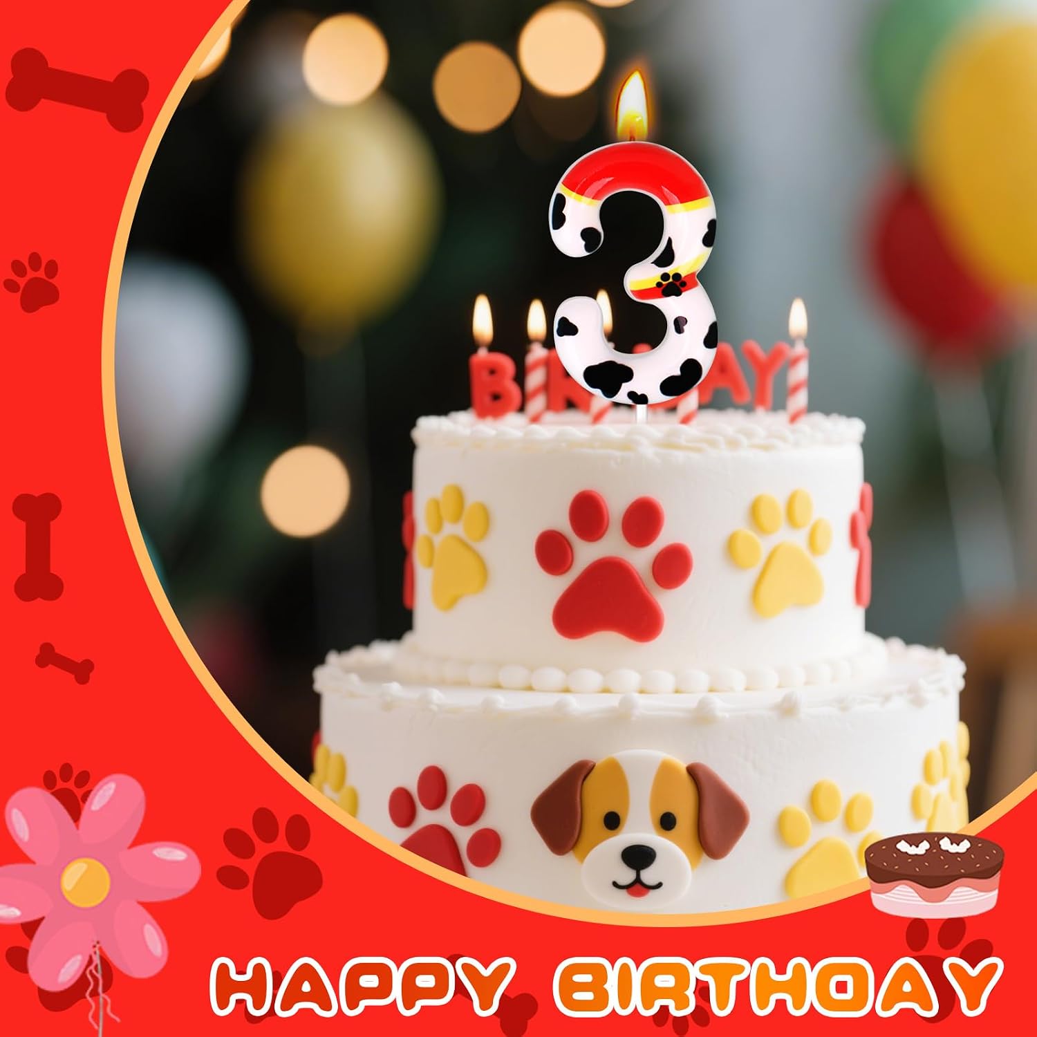 Dog Paw Birthday Candles, Number Candles for Birthday Party Cake Decoration Supplies (Red, Number 3)