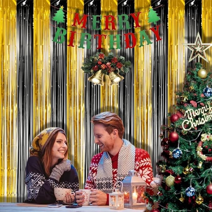 BRAVESHINE 3.2 x 8.2 ft Black Gold Foil Fringe Curtains - 2 Pack Metallic Photo Booth Streamers Backdrop for Boy Men Birthdays/New Years/Graduates/Homecoming/Farewell/Prom/Ramarak Party Decorations