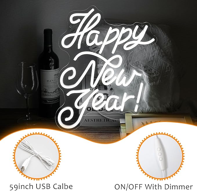 Happy New Year Neon Sign Led Spring Festival Neon Lights for Wall Decor Usb New Year Party Light Up Signs for Home Bedroom Christmas Business Decorations Gifts for Friends