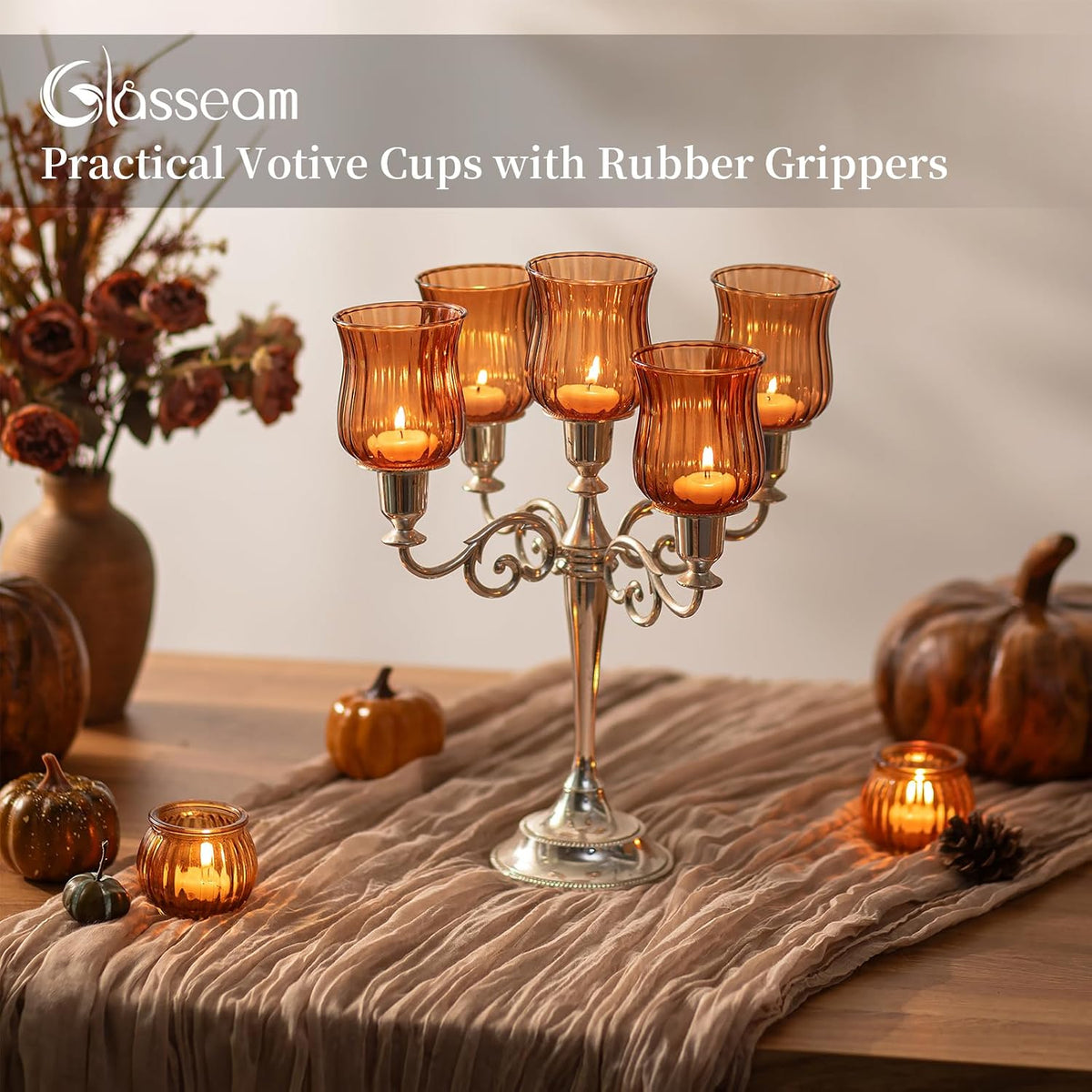 Glasseam Amber Tea Candle Holders 5Pcs Glass Votive Cup with Peg for Taper