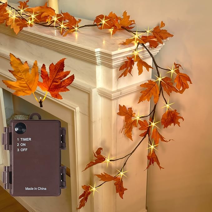 Fudios Lighted Maple Leaf Garland with Timer 24 Warm White LED 6FT for Fall Thanksgiving Decor, Artificial Garland with Lights Battery Operated Harvest Christmas Decoration Indoor Outdoor