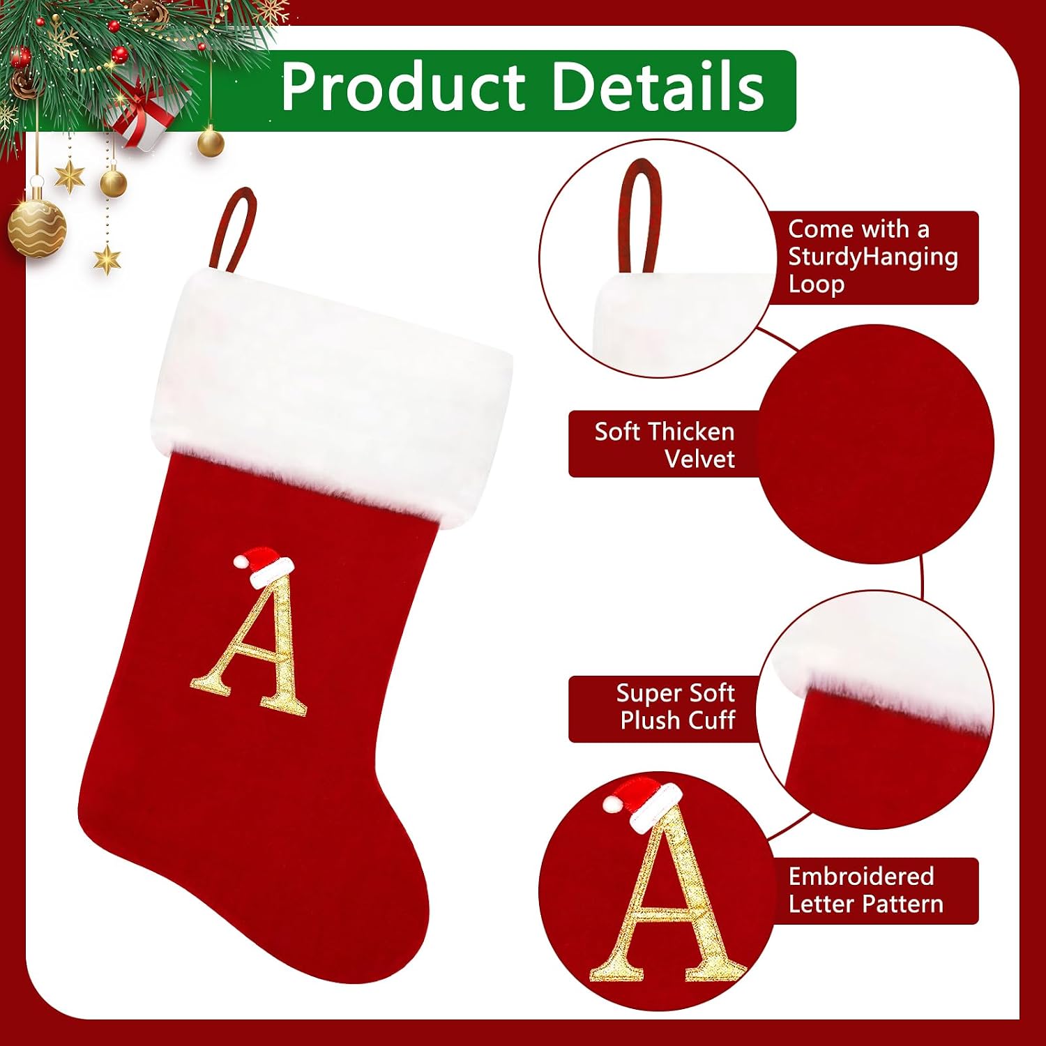 20 Inches Red Velvet with White Super Soft Plush Cuff Monogram Christmas Stockings, Xmas Personalized Embroidered Letter Stockings for Family Holiday Decorations and Xmas Tree Fireplace（E）