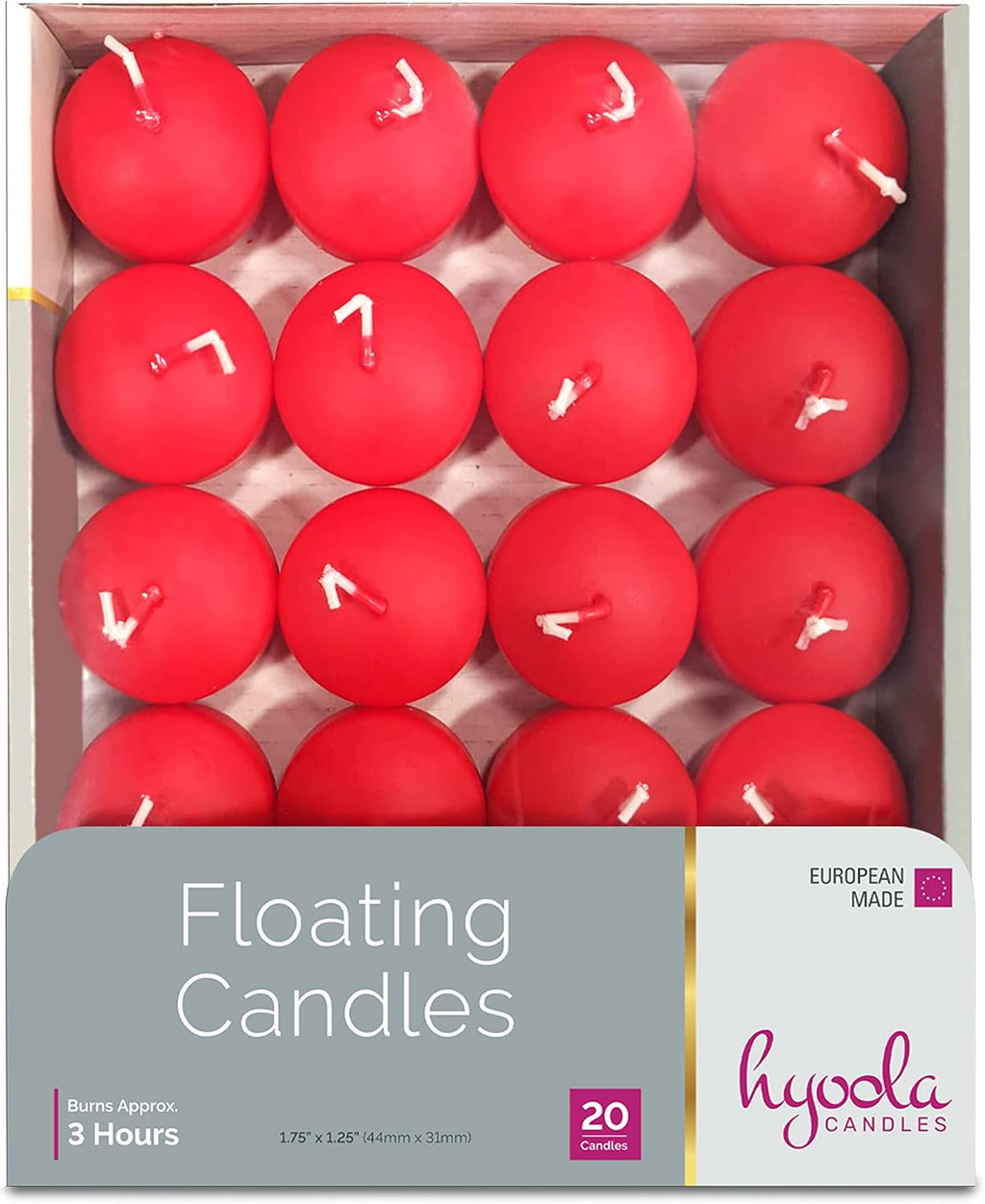 HYOOLA Premium Red Floating Candles 1.75 Inch - 3 Hour - 20 Pack - European Made