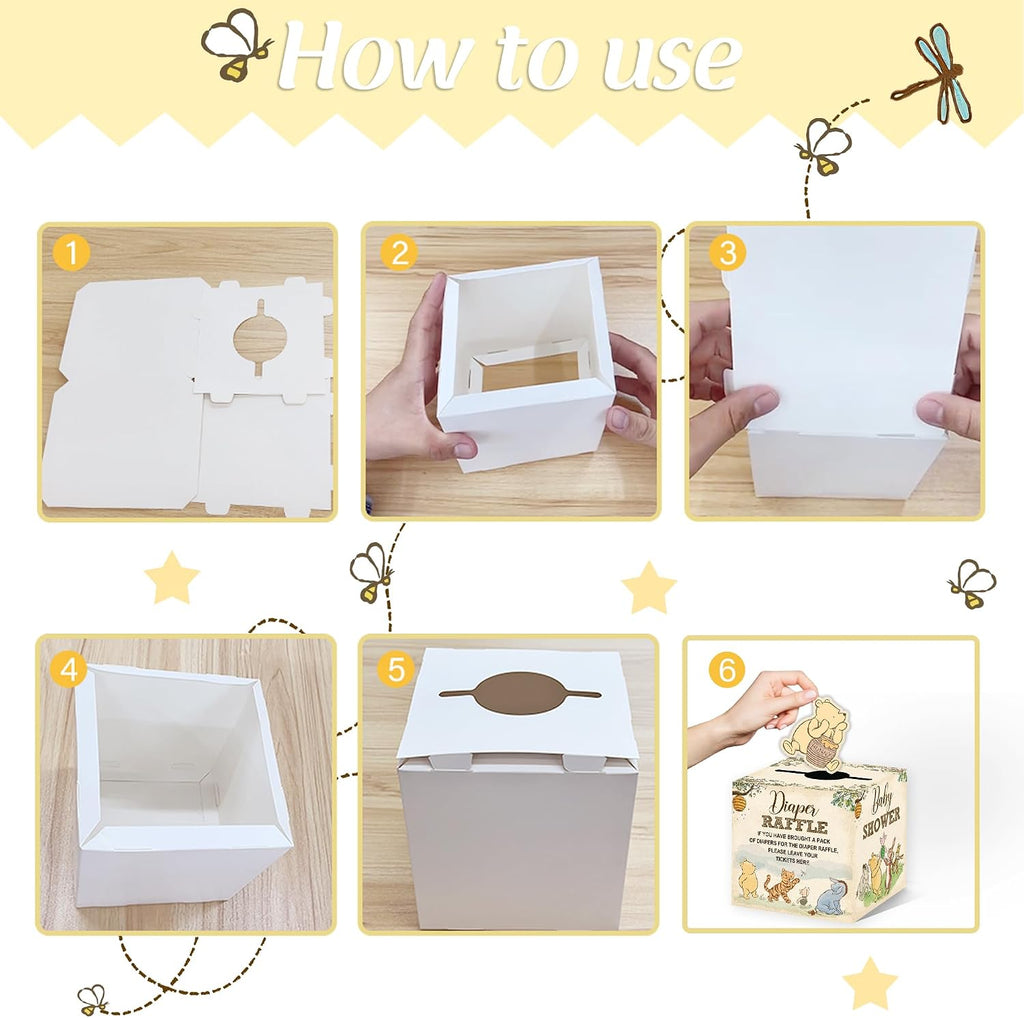 Winnie Baby Shower Decorations, Pooh Party Decorations, The Pooh Baby Shower Games, Winnie Diaper Raffle Box with 50Pcs Cards，Newborn Party Favors Boys and Girls First Birthday Supplies