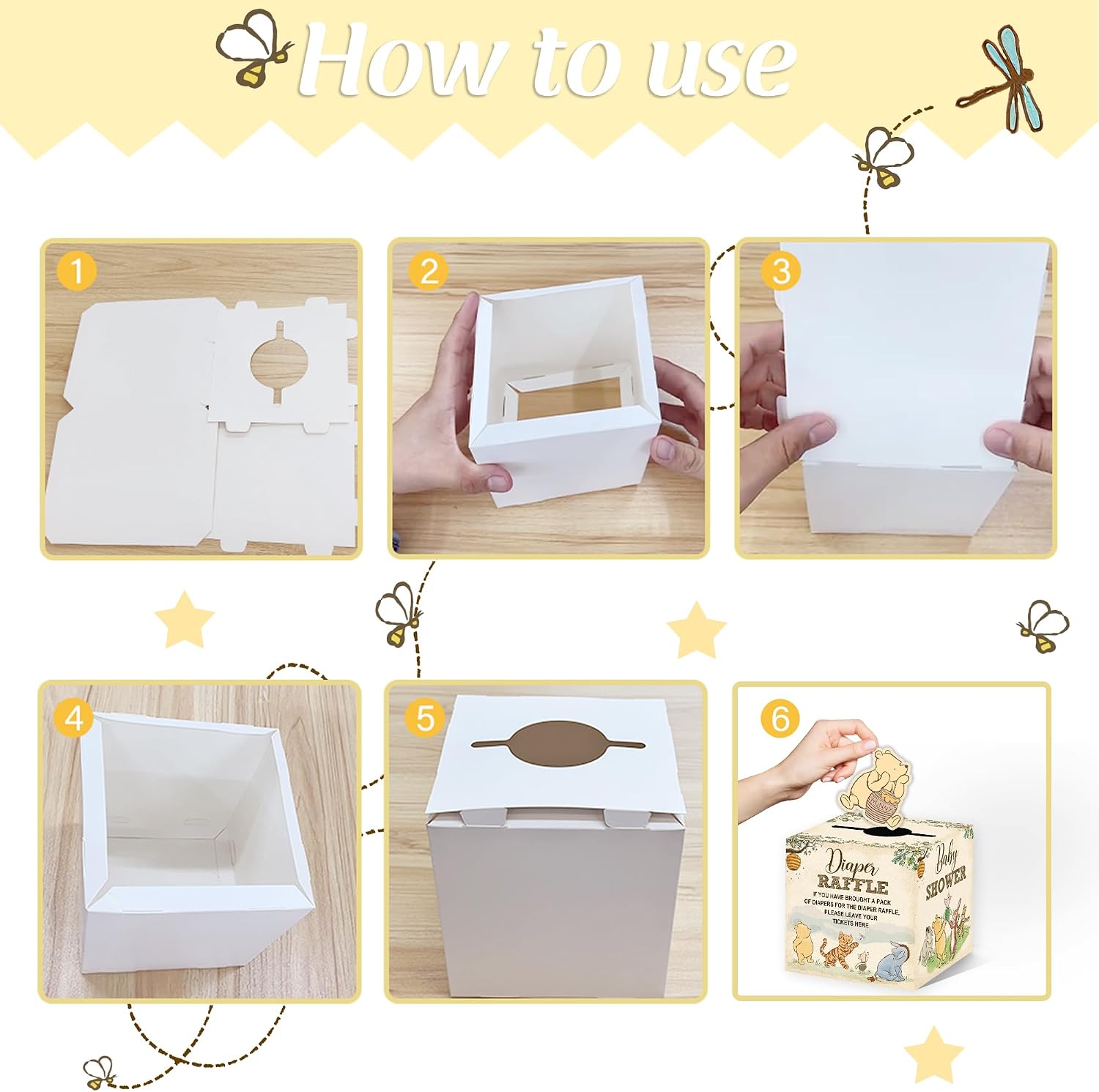 Winnie Baby Shower Decorations, Pooh Party Decorations, The Pooh Baby Shower Games, Winnie Diaper Raffle Box with 50Pcs Cards，Newborn Party Favors Boys and Girls First Birthday Supplies