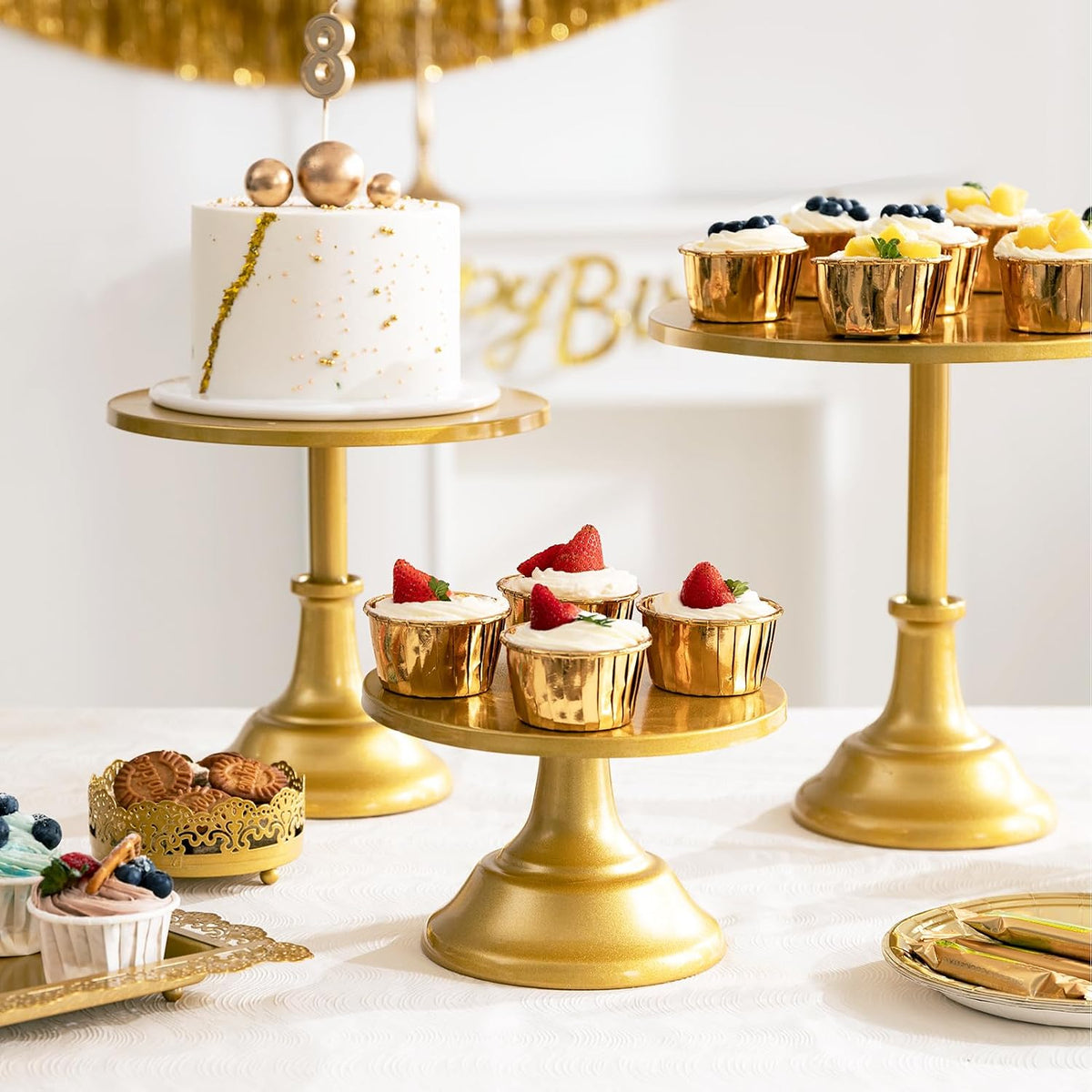 HBlife 3 PCS Gold Cake Stand Set (8"/10"/12" Cake Plate), Metal