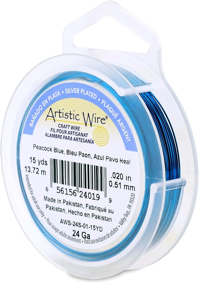 Artistic Wire, 24 Gauge Silver Plated Tarnish Resistant Colored Copper Craft Wire, Peacock Blue, 15 yd