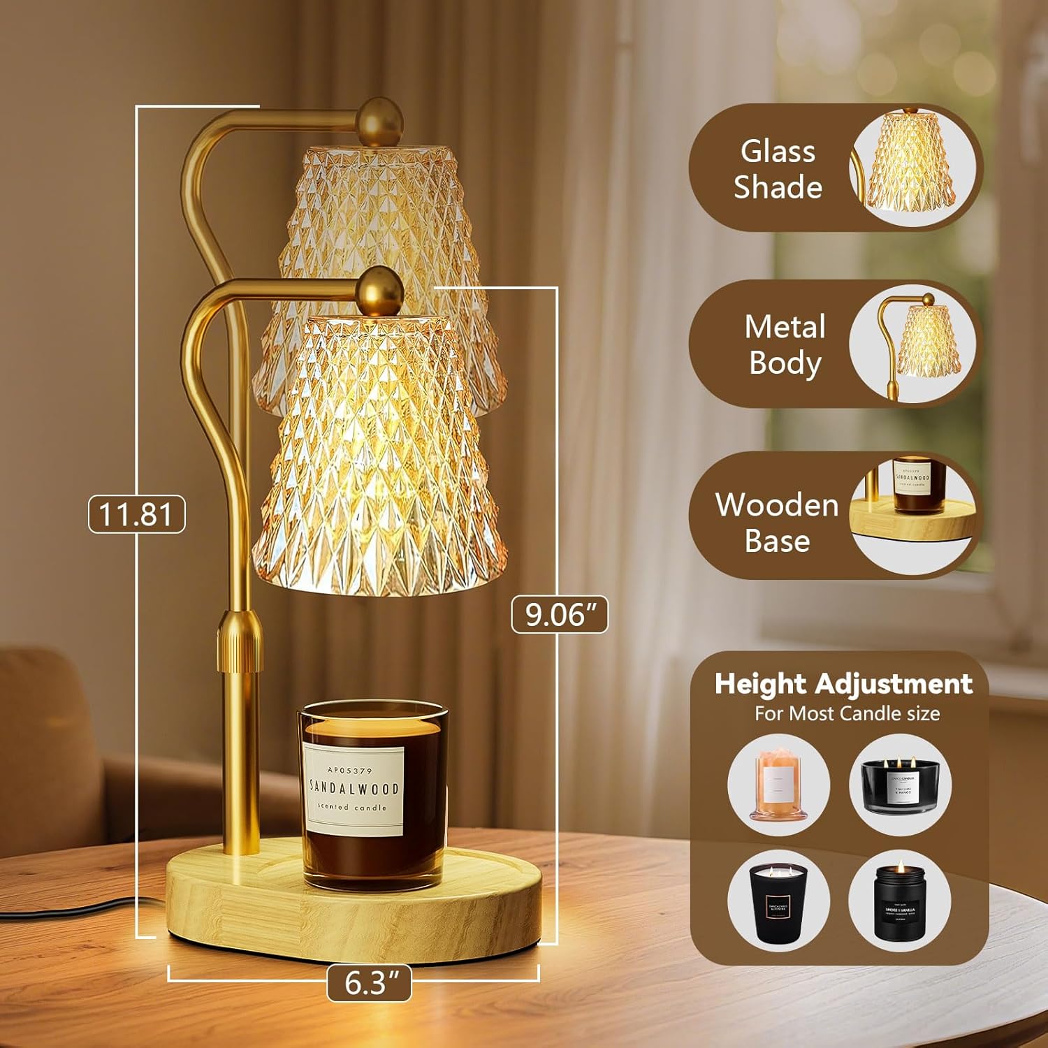 Candle Warmer Lamp with Timer Dimmer, Birthday Gifts for Women Mom, Height Adjustable Wax Melt Warmer for Jar Candles with 2 Bulbs, House Warming Gifts New Home Decor