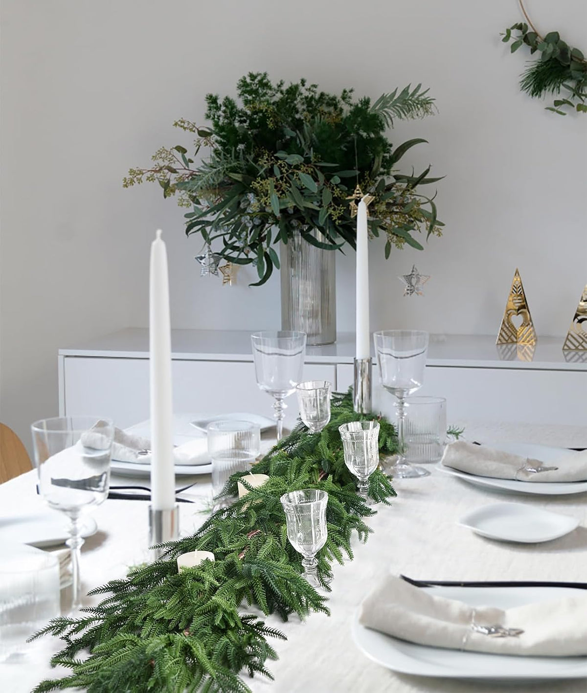 christmas norfolk pine garlands, realistic artificial faux greenery, side view