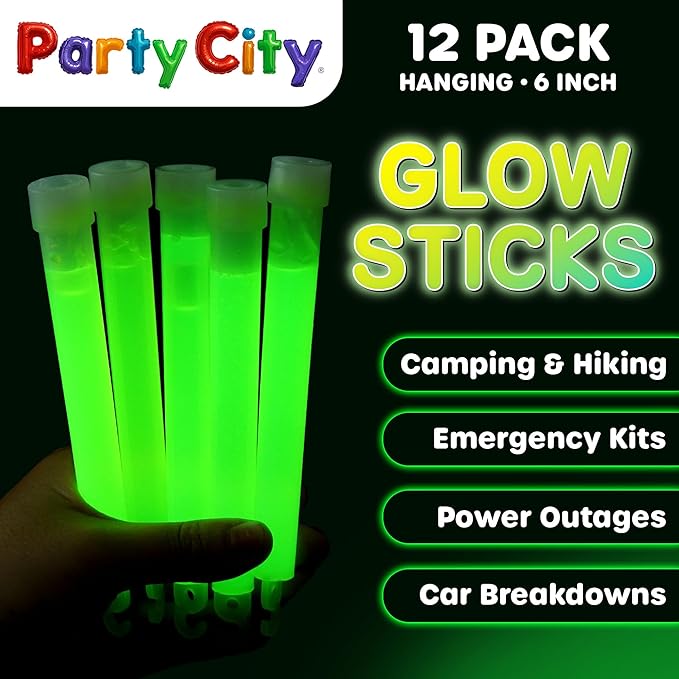 Party City Green Glow Sticks Bulk Pack 6”- 12pk Glow in the Dark Sticks for Kids, Waterproof Camping Survival Ultra Bright Emergency Light Stick with String, Neon Glowsticks Party Supplies Favors