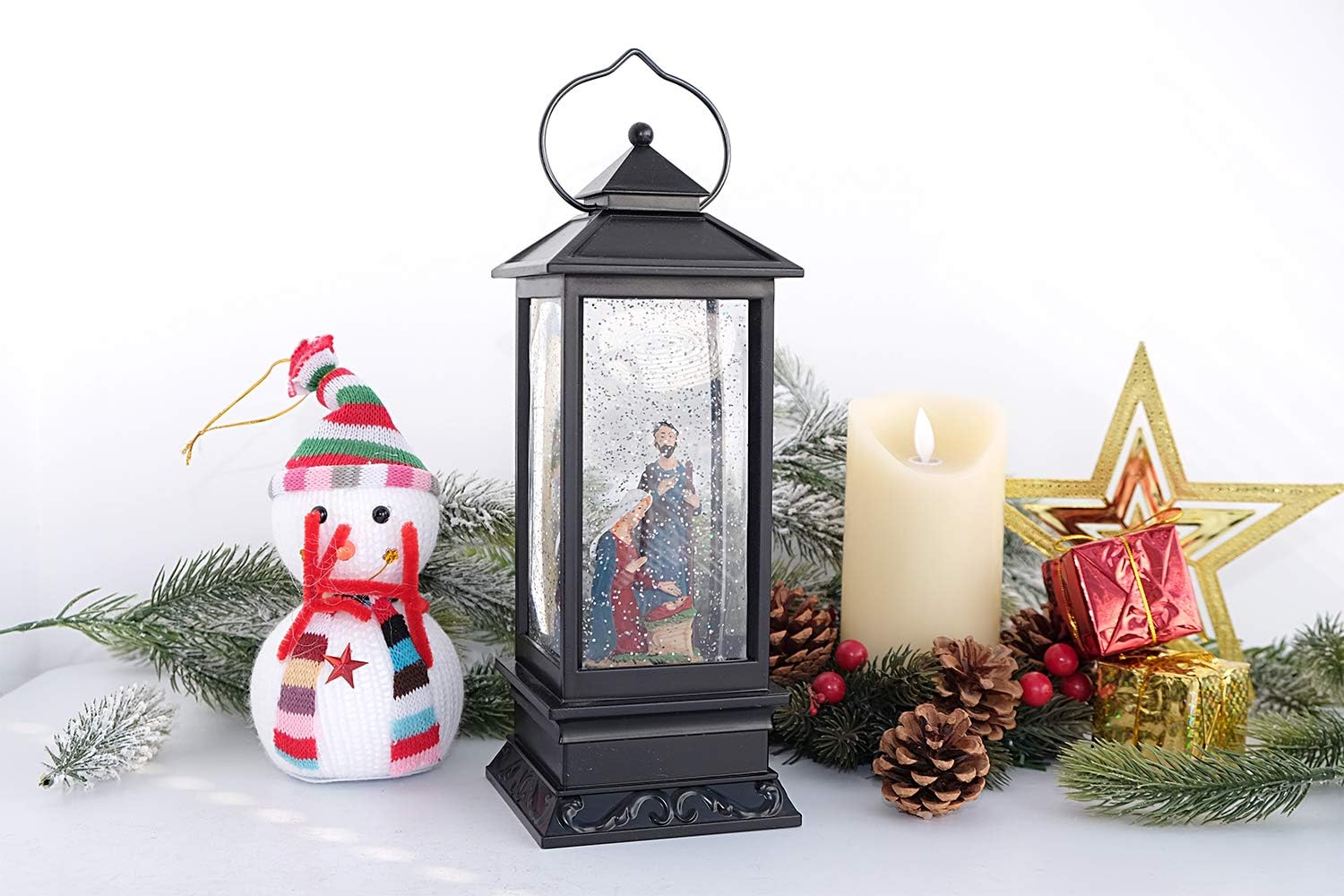 Wondise Lighted Musical Snow Globe Lantern with 6 Hour Timer, 12 Inches USB Powered and Battery Operated Spinning Water and Swirling Glitter Christmas Snow Globe Lantern Gifts(Nativity)