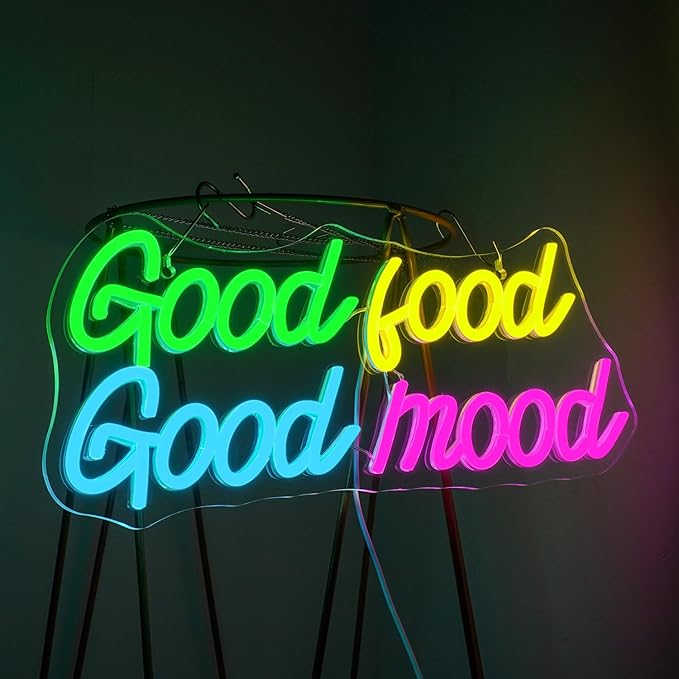 Looklight Good Food Good Mood Neon Sign,Letter Neon Signs for Wall Decor,Colorful Dimmable Neon Lights,USB Led Neon Signs for Kitchen Fast Food Shop Cafe Restaurant Store