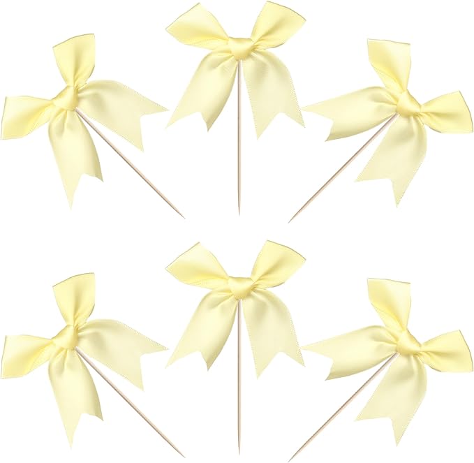 24 PCS Bow Cupcake Toppers Bow Cupcake Picks Bowknot Birthday Party Decorations Bowknot Cake Dessert Picks for Baby Shower Birthday Wedding Bridal Engagement Party Cake Decorations Supplies Yellow