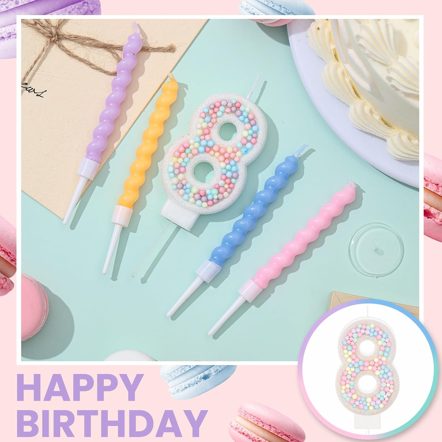 MTLEE Number 8 Birthday Candle with 12 Pcs Spiral Candles for Girls Macaron Pastel Rainbow Unicorn Pink Cake Topper for Sweet Theme Party Decoration
