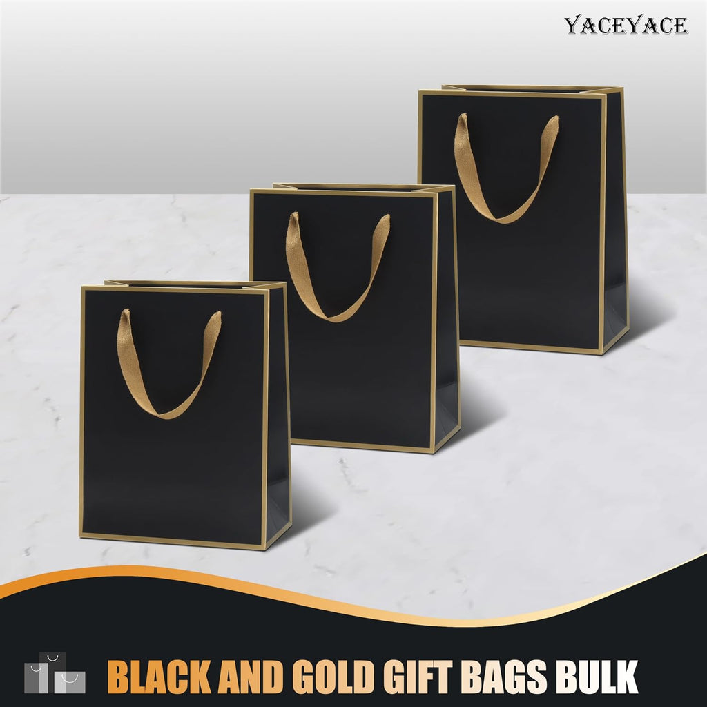 Medium Black and Gold Gift Bags With Handles - 10Pcs 8x4.25x10.5 Inch Bulk for Wedding, Party, Birthday, Retail