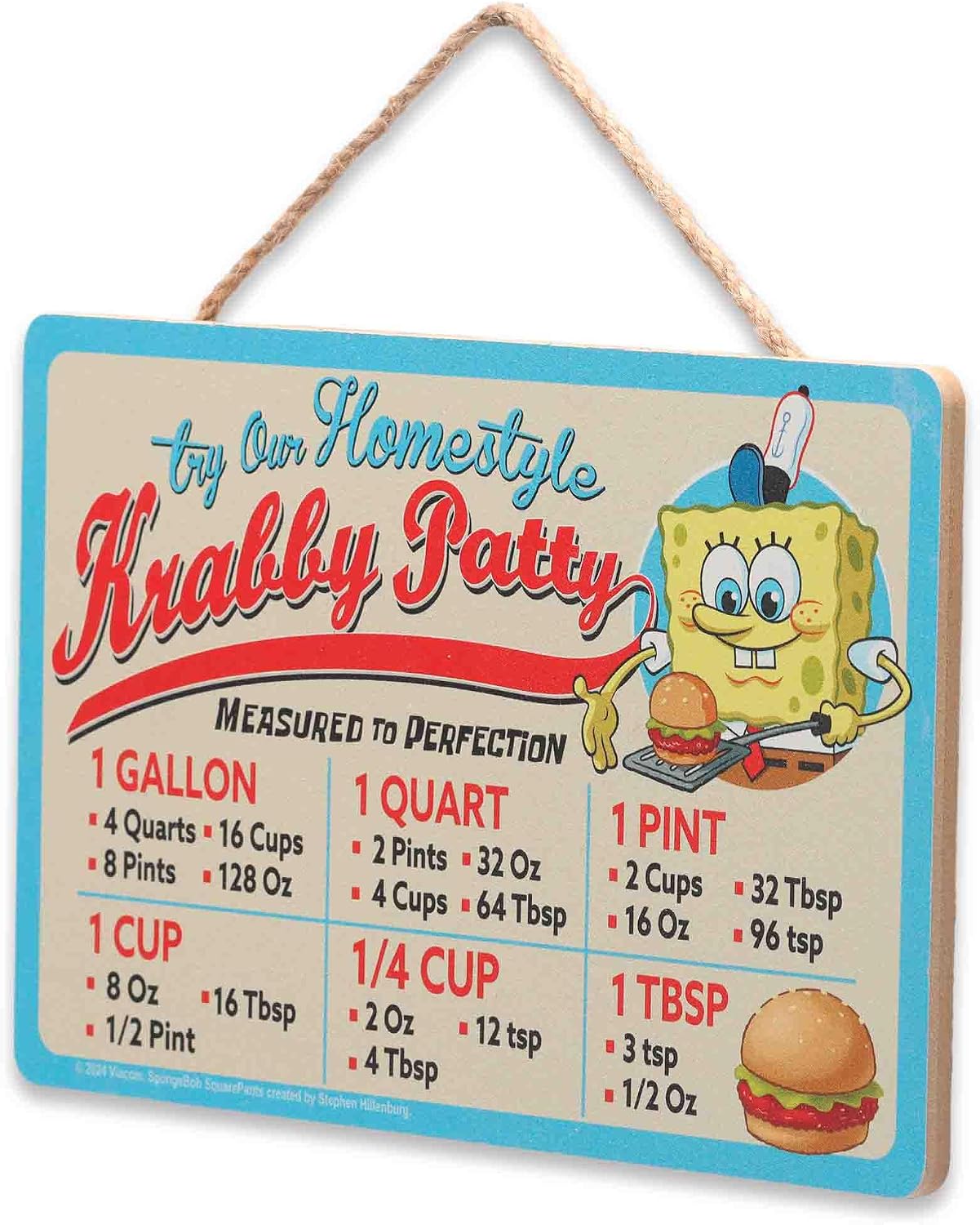 SpongeBob SquarePants Krabby Patty Kitchen Hanging Wood Measuring Sign - Fun SpongeBob Kitchen Conversion Chart for Home