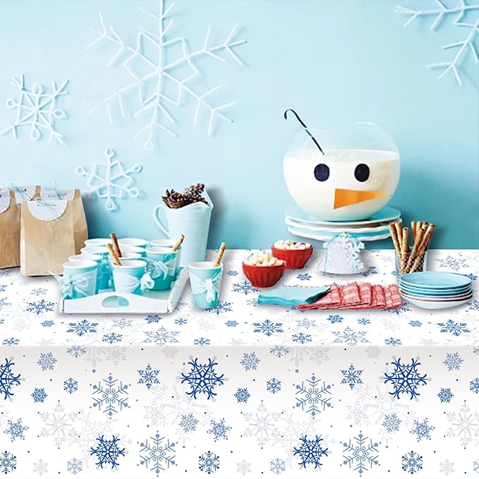 8 Pieces Snowflake Christmas Party Tablecloth Decorations,Plastic White Snowflake White Blue Xmas Backdrop Sign Table Cover Banner for Winter Christmas Holiday Party Supplies,54x108 inch（White/Blue）