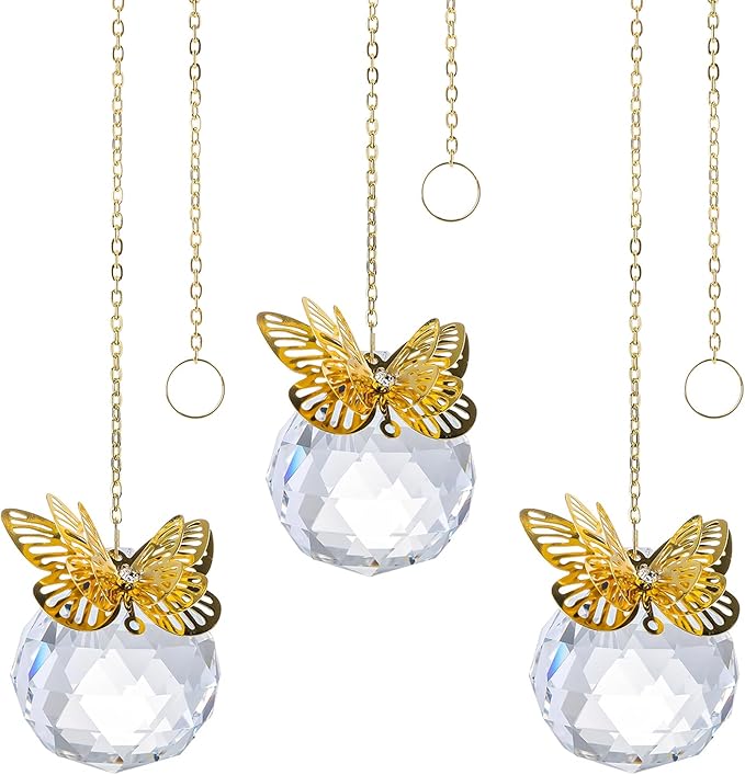 Crystal Suncatchers Gold Butterfly 40mm Crystal Prisms Ball Rainbow Maker with Chain for Window Hanging Decoratioin 3 Pack