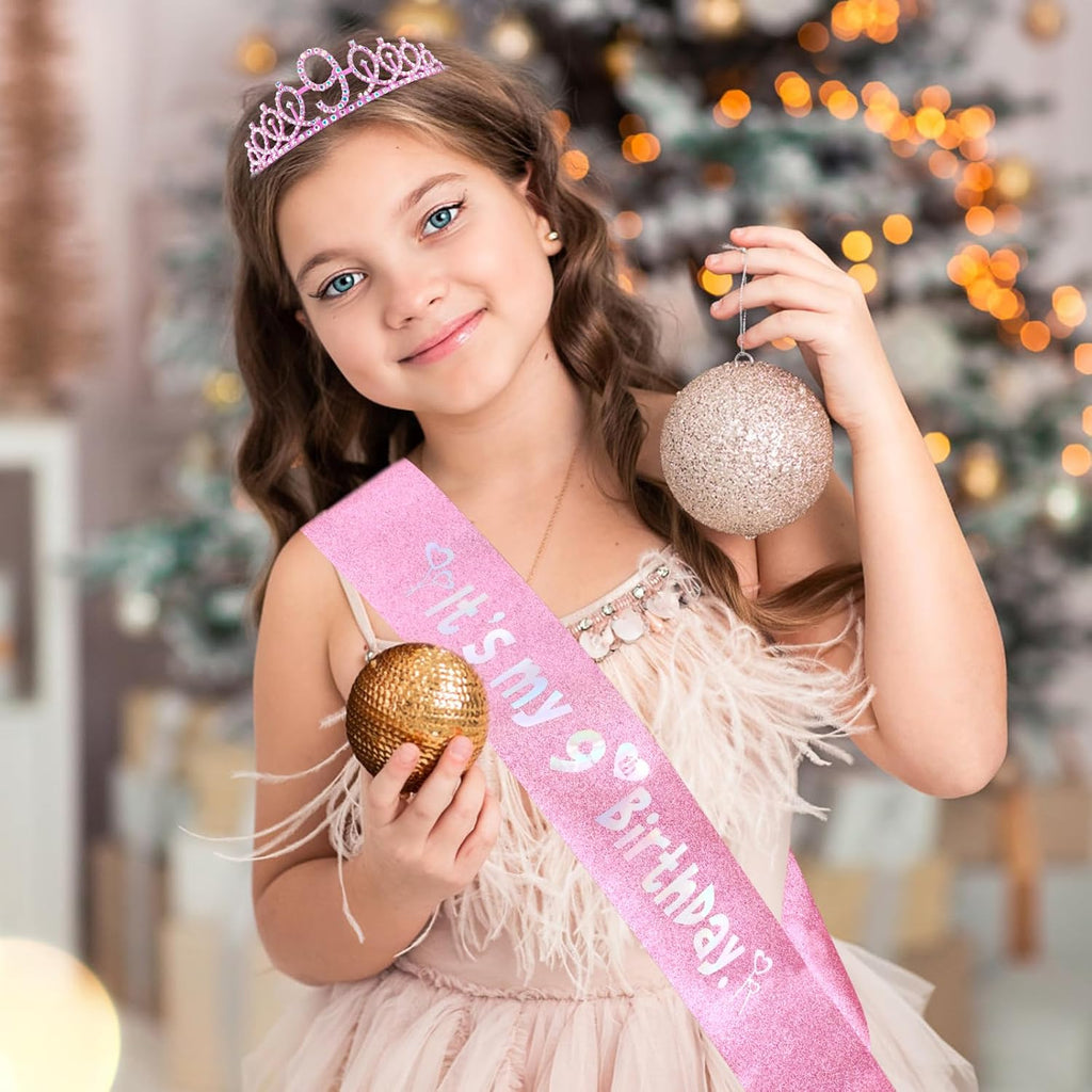 9th Birthday Party Decorations Set for Girls- Pink Crown, Glitter Sash, Number 9 Candle & Cake Topper Kit for Birthday Celebrations Party Supplies Gift