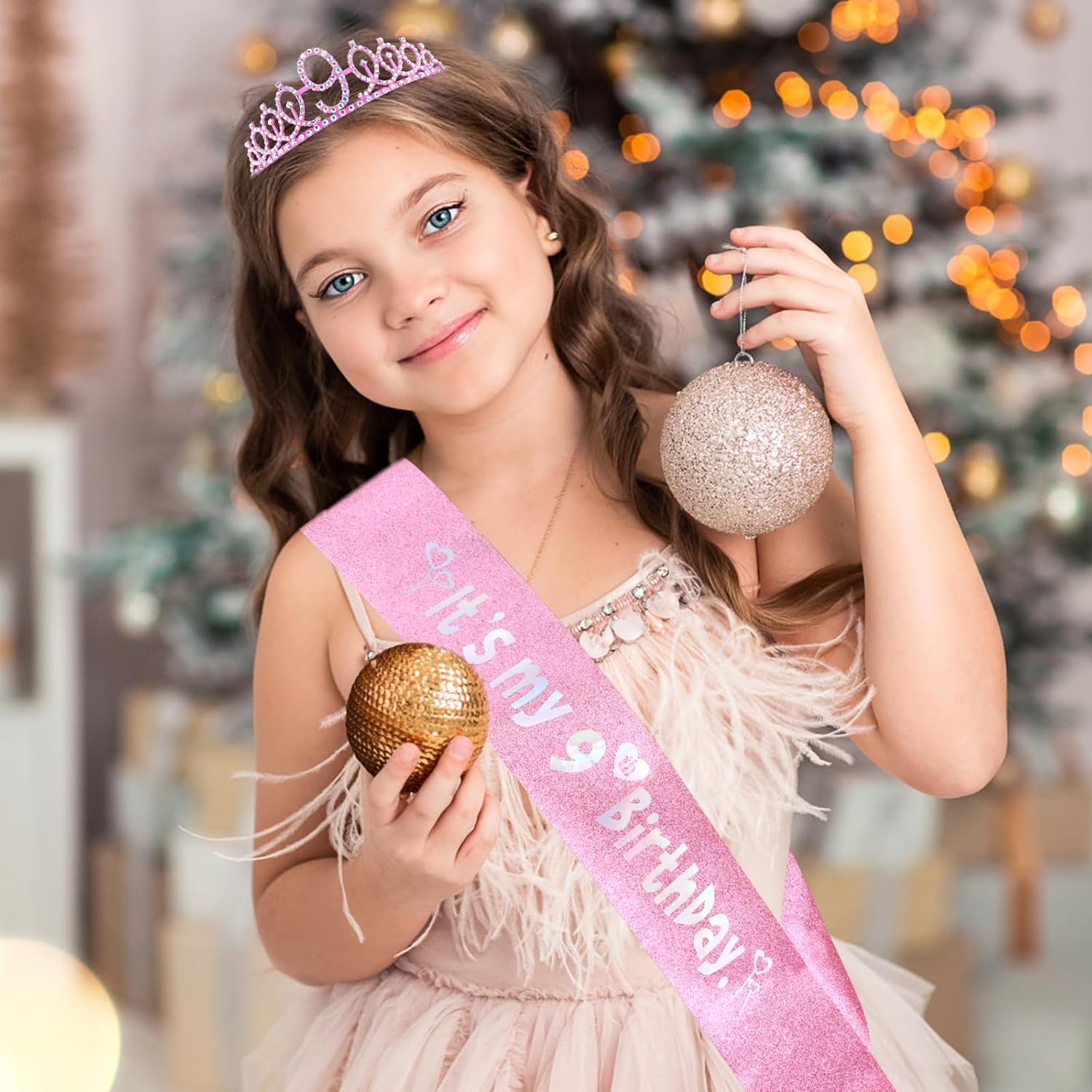9th Birthday Party Decorations Set for Girls- Pink Crown, Glitter Sash, Number 9 Candle & Cake Topper Kit for Birthday Celebrations Party Supplies Gift
