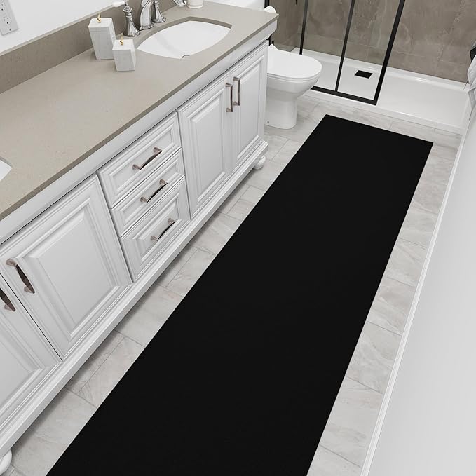 Ottomanson 3x20 Non Slip Extra Long Hallway Runner Rug with Rubber Backing - Solid Modern Kitchen Rug for Bedroom or Living Room, Black, 2'7" x 20'