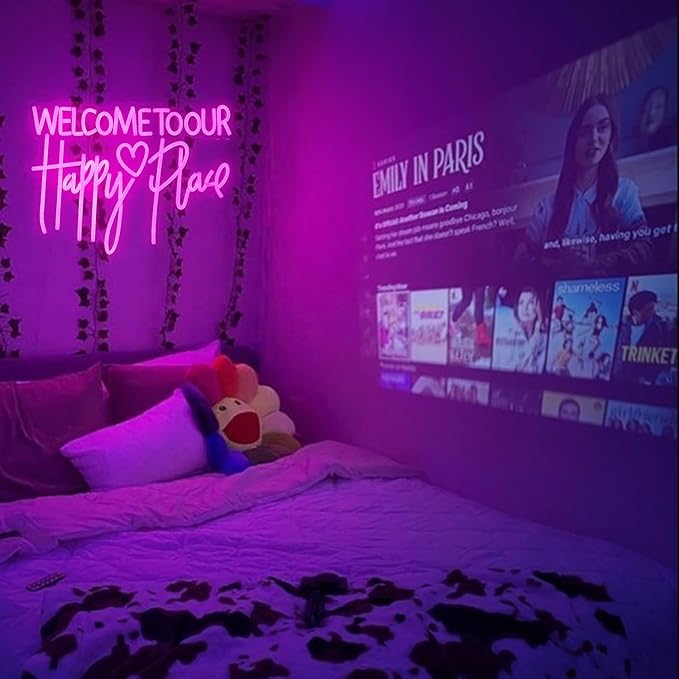Welcome To Our Happy Place Neon Sign LED Pink Our Happy Place Neon Light With USB for Wall Decor Dimmable Happy Letters Light Up Sign for Bedroom Wedding Party Home Decor (16.7 * 12.6In)