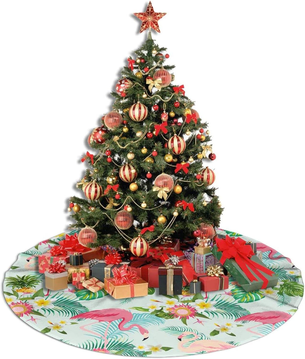 Flamingo Christmas Tree Skirt for Xmas Holiday Party Supplies Large Tree Mat Decor, Tropical Summer Pink Flamingo Palm Leaves Flowers Ornaments 30"