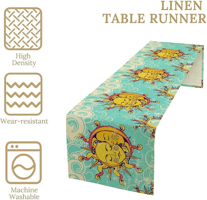 Retro Sun Moon Table Runner, Phase of The Moon Vintage Cloud Table Runner for Kitchen Dinner Living Room Table Runner Yellow Floral, 13x60 Inch Yellow Blue
