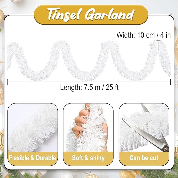 25 Feet Macaron White Christmas Tinsel Garland, Metallic Foil Twist Banner Wall Hanging Tinsel Streamers Backdrop for Parade Floats, Christmas, Mother's Day, Birthday Party Decorations(4in x 25ft)