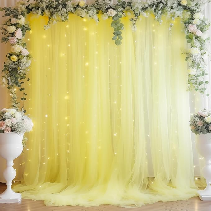 10×10ft Yellow Tulle Backdrop Curtain with Lights String for Parties, Sheer Curtain Backdrop Drapes for Wedding Party Photography Background