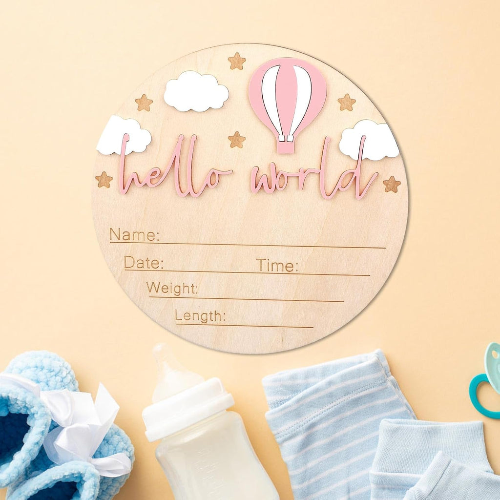 Wooden Baby Announcement Sign, Hello World Birth Boys and Girls Newborn Sign Welcome Baby Name Plaque for Photo Prop Home Hospital Nursery Newborn Gift (Pink)