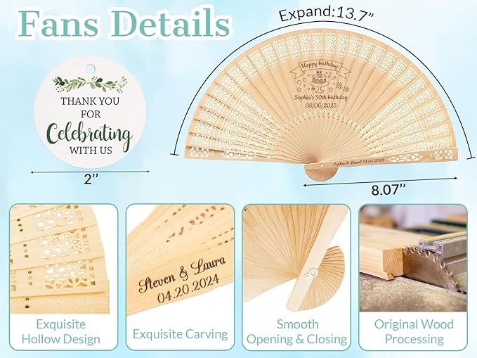 30Pcs Personalized Folding Hand Fans Custom Engraved Summer Wedding Fans,Personalized Wooden Fans Party Favor Bridal Shower Gifts for Guests
