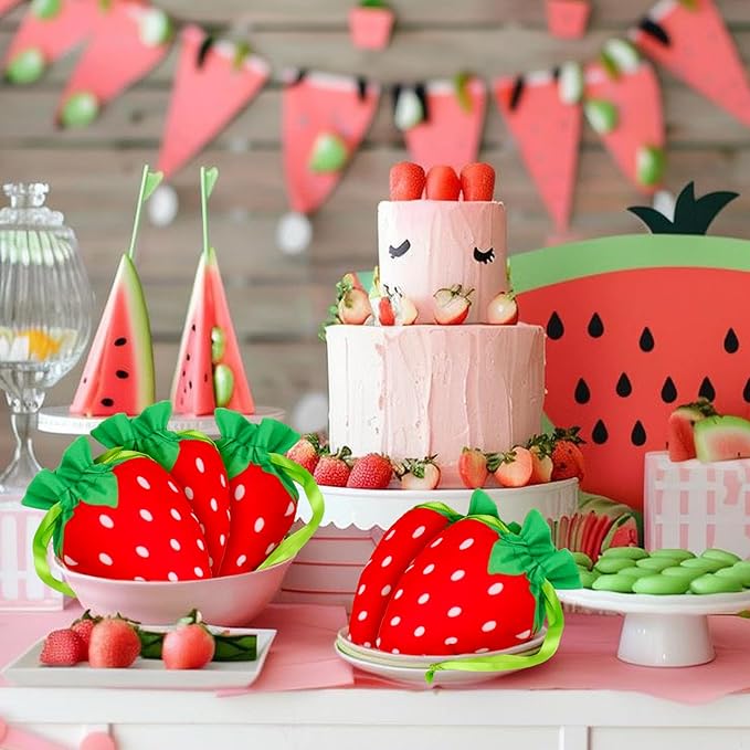 Whaline 12Pcs Strawberry Shaped Treat Bags Red Green Strawberry Drawstring Bags Cute Fruit-Themed Gift Pouches for Item Storage Jewelry Packaging