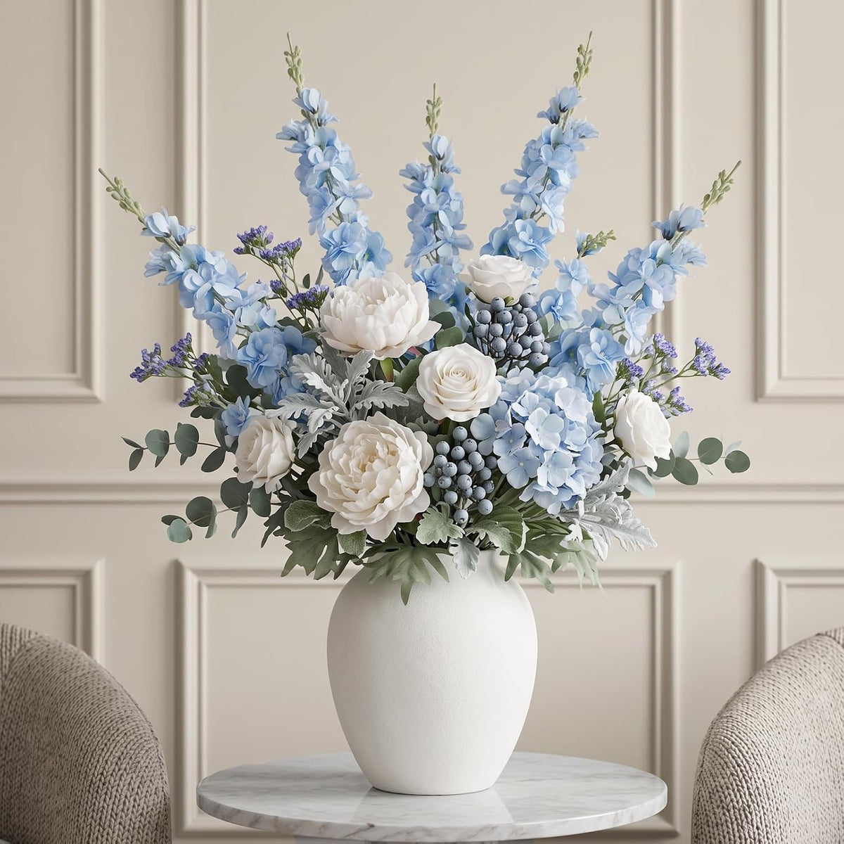 light blue delphinium artificial flower 33.5'' long stem on a desk or shelf