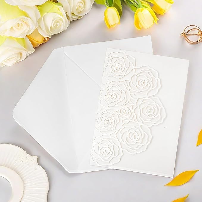20 Pcs Laser Cut Wedding Invitations Card Pocket with Envelope for Birthday Party Baby or Bride Shower Invite suitable for 5 * 7 Inches Insert Paper (Ivory)
