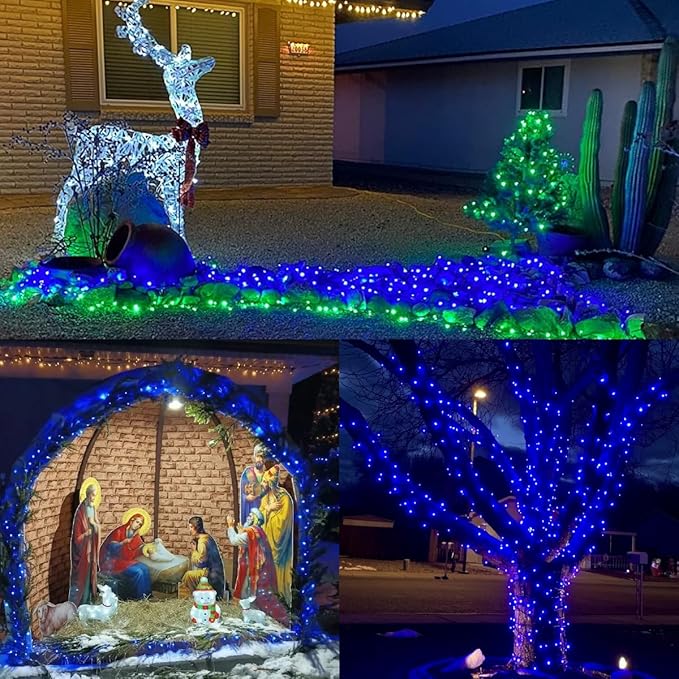 YEGUO 66ft 200 LED Blue Christmas Lights Outdoor Waterproof, Green Wire String Lights Indoor, Twinkle Tree Lights Plug in with Memory Timer