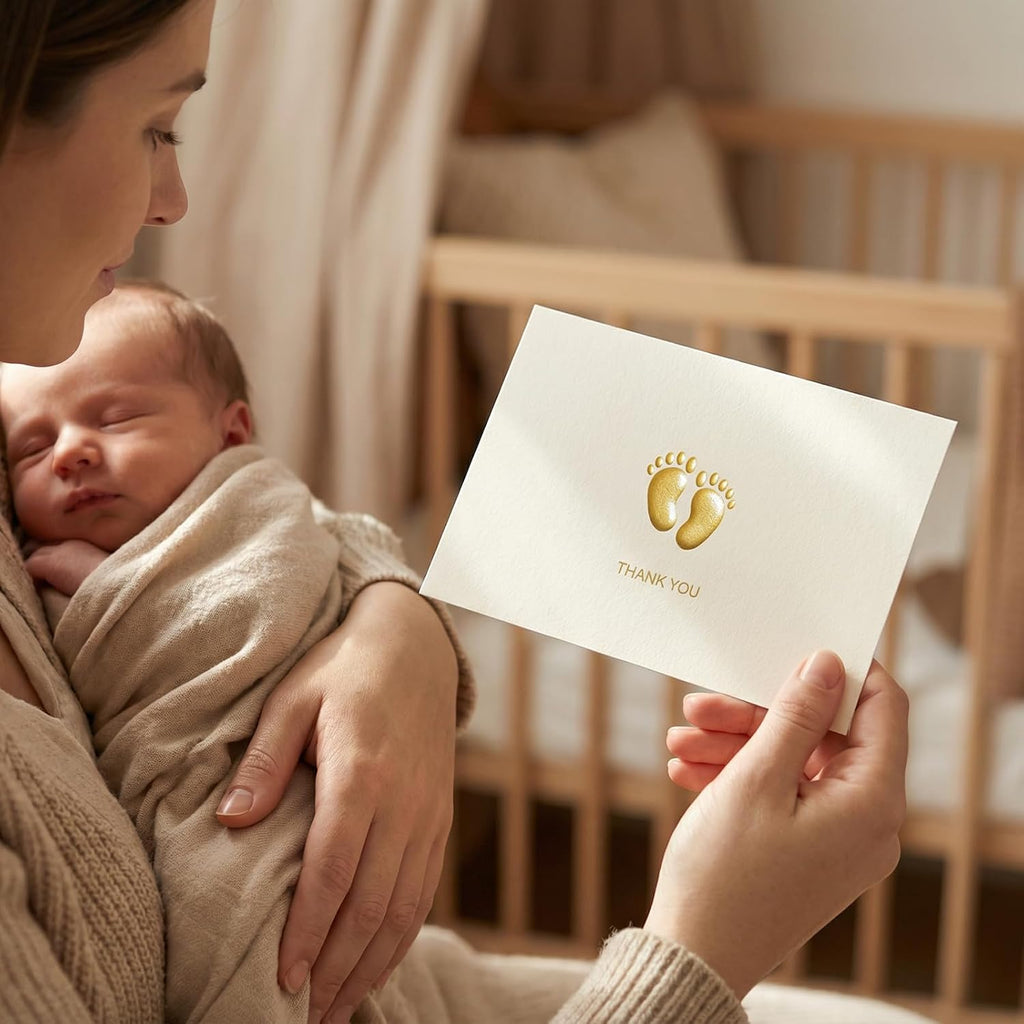 Crisky Embossed Footprint Baby Shower Thank You Cards 50-Pack 4x6 Inch - Heavy 300gsm Cardstock with Gold Foil Envelopes & Stickers for Baby Shower/Birthday