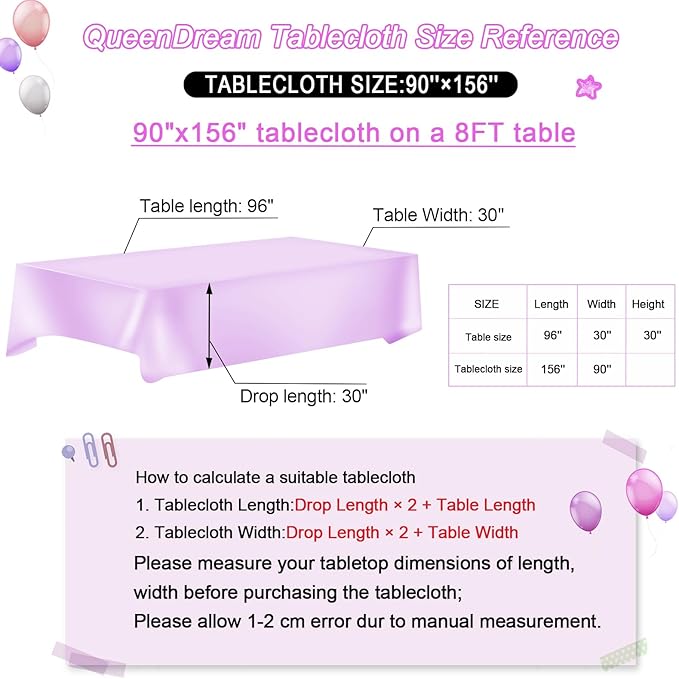 QueenDream Tablecloth 90x156 Rectangle Sequin Tablecloth Lavender Wedding Table Linens Glitter Birthday Bridal Party Indoor Outdoor Decorations