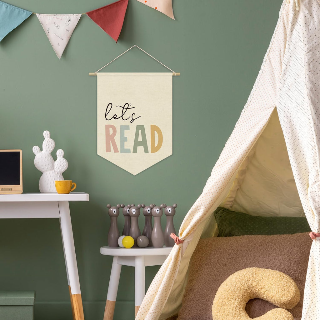 Reading Corner Decor, Let's Read Sign Kids Room Wall Canvas Banner, Library Boho Classroom Bookshelf Hanging Pennant Flag, 15x11in