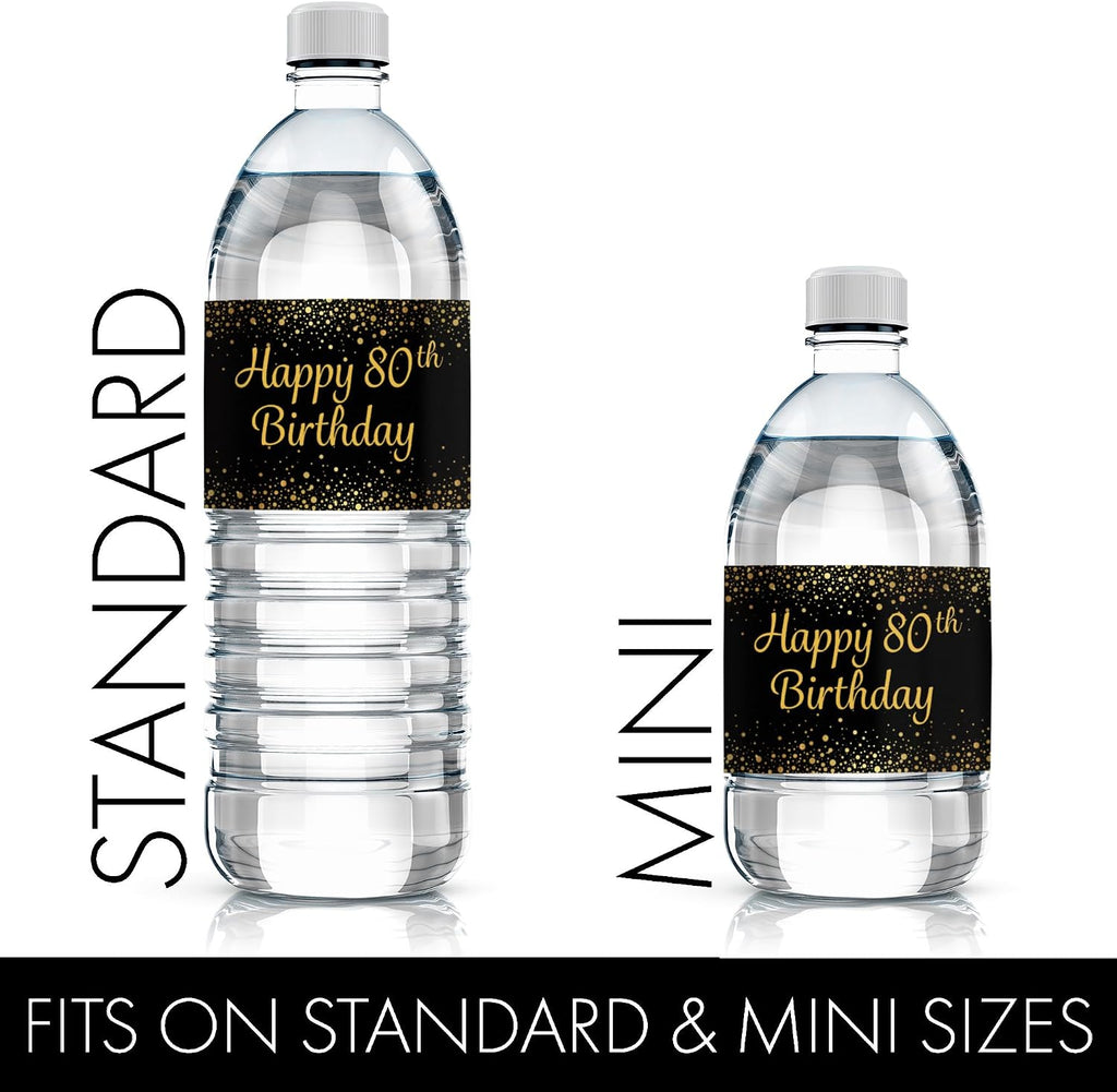 DISTINCTIVS Black and Gold 80th Birthday Water Bottle Labels – 20 Count – Waterproof – 80th Birthday Party Favors for Men and Women