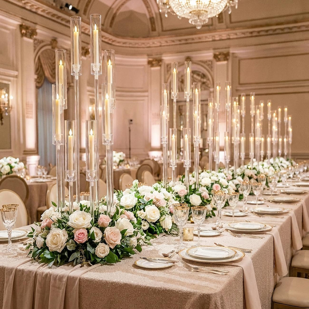 8PCS Acrylic Candelabra Wedding Centerpieces for Tables,38.5 Tall Clear Floor Candle Holder Set with Shade Pillar Taper Candle Stand for Anniversary Party Brithday candelabros para centros de mesa