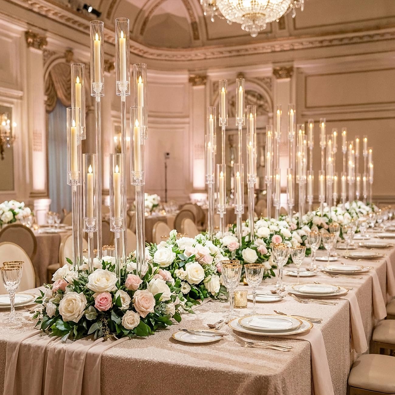 8PCS Acrylic Candelabra Wedding Centerpieces for Tables,38.5 Tall Clear Floor Candle Holder Set with Shade Pillar Taper Candle Stand for Anniversary Party Brithday candelabros para centros de mesa