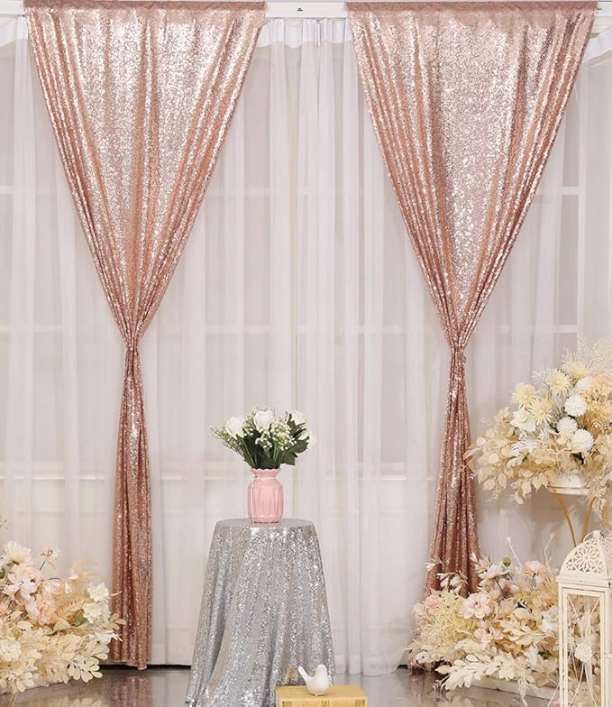 Poise3EHome Rose Gold Sequin Backdrop,2 Panels 2FTx8FT Glitter Background for Party Birthday Party Baby Shower Wedding Christmas Thanksgiving Holiday Festival Decor