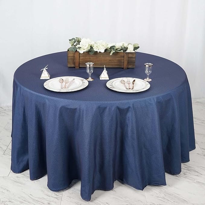 Efavormart 120" Dark Blue Faux Denim Polyester Round Tablecloth for Wedding Party Banquet Restaurant