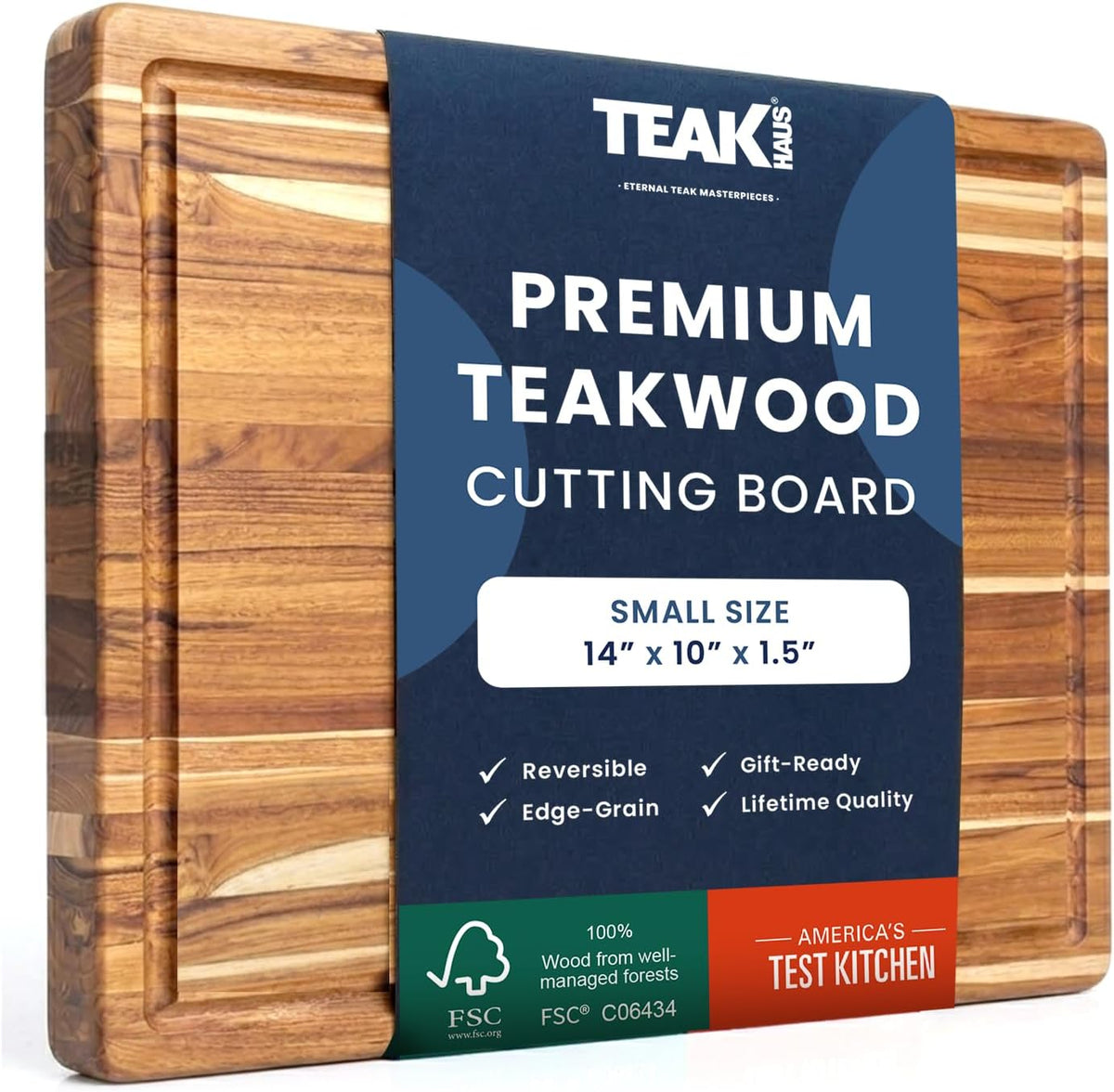 teakhaus edge-grain teak wood cutting board with juice shown in use